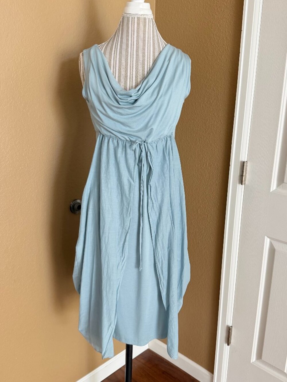 Green Dragon Sky Blue Lagenlook Cowl Neck Asymmetrical Dress Made in USA Size M